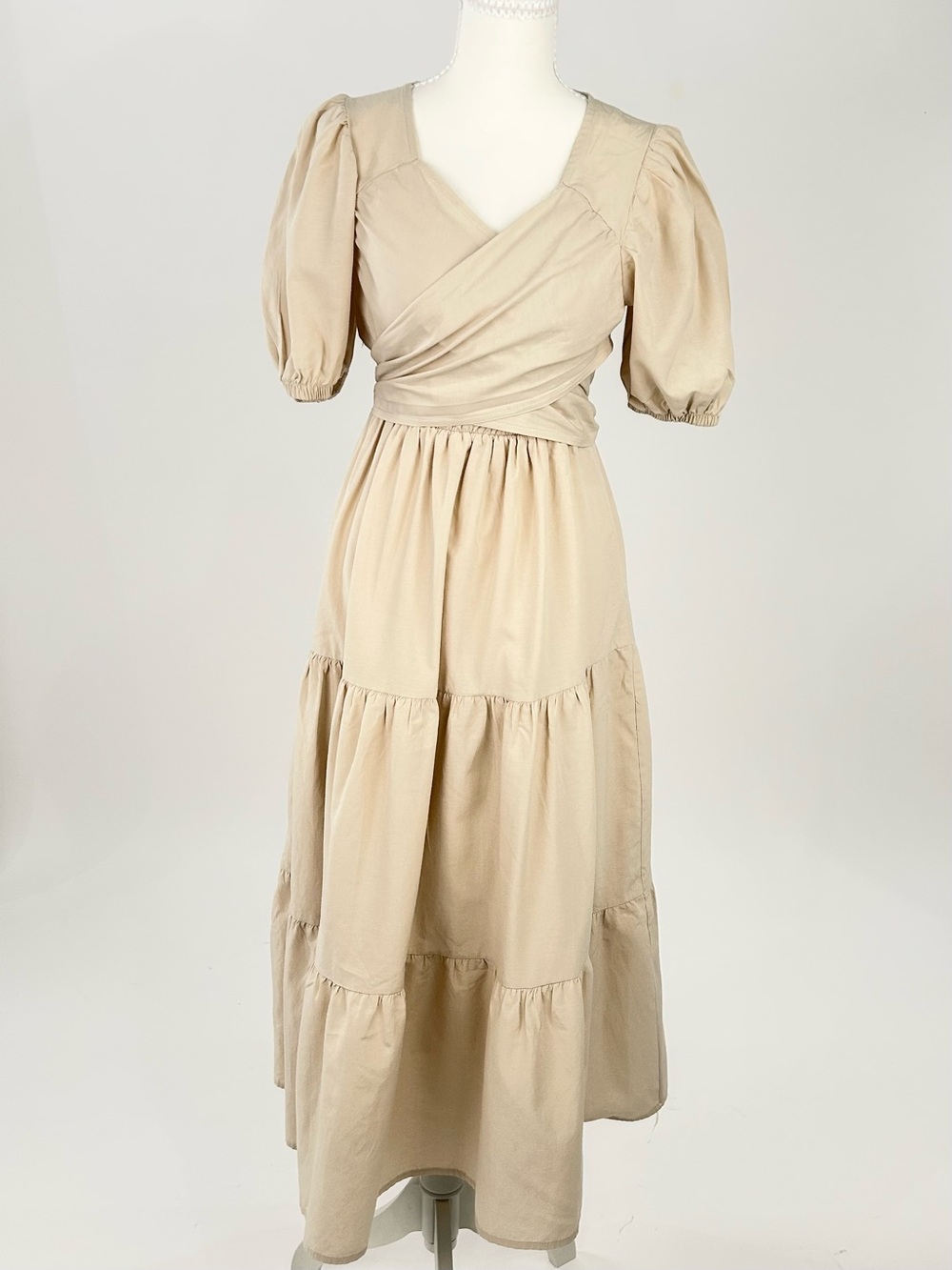 SHUGAA Wrap Maxi Dress Puff Sleeve Cottagecore Coastal Beige Size M